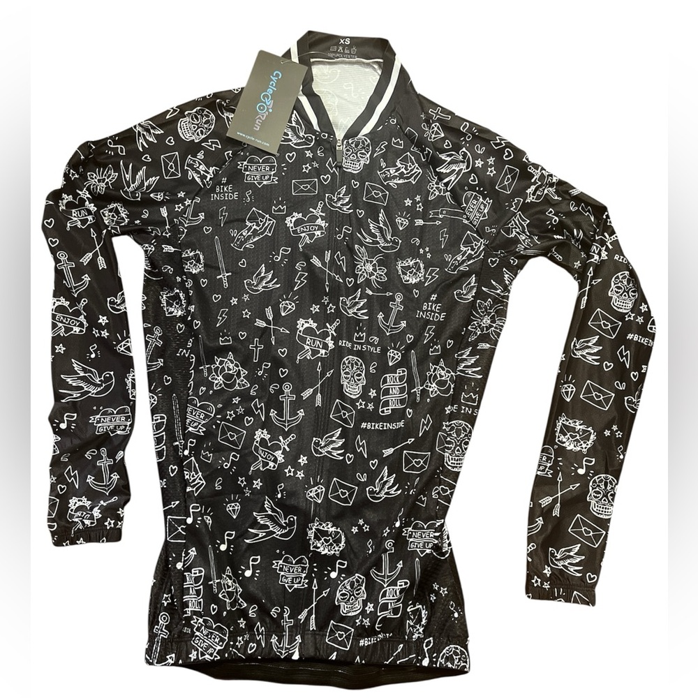 NWT Bicycle bicycling full zip shirt long sleeve tattoo art design black & white